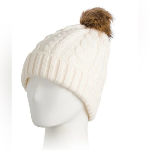 Timberland Logo Womens Cream Cable Knit Cuff Hat With Pom Pom NEW offers ok main image 3